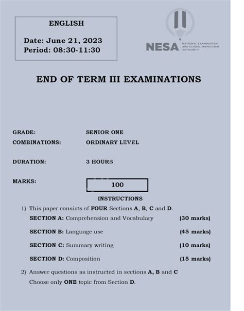 NESA English Examination For S1 Of The End Of Third Term 2023