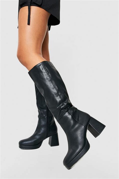 Block Heel Platform Pu Knee High Boots Boohoo