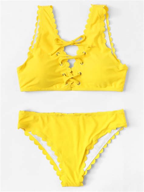 Eyelet Lace Up Scallop Bikini Set Sheinsheinside Summer Bathing