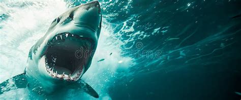 Fierce and Powerful White Shark with Open Jaw and Sharp Teeth Hunting ...