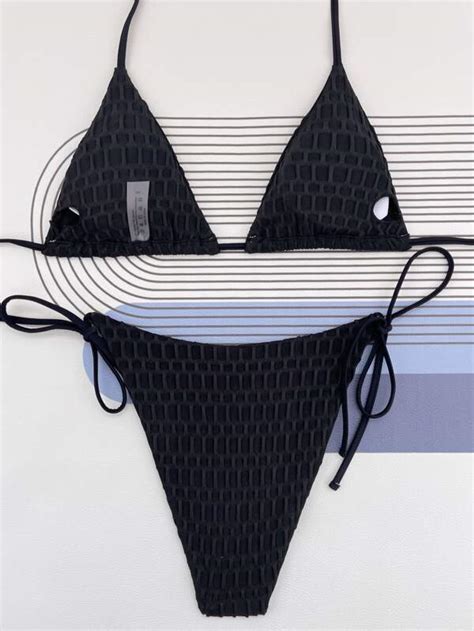 Textured Halter Triangle Tie Side Bikini Swimsuit SHEIN USA