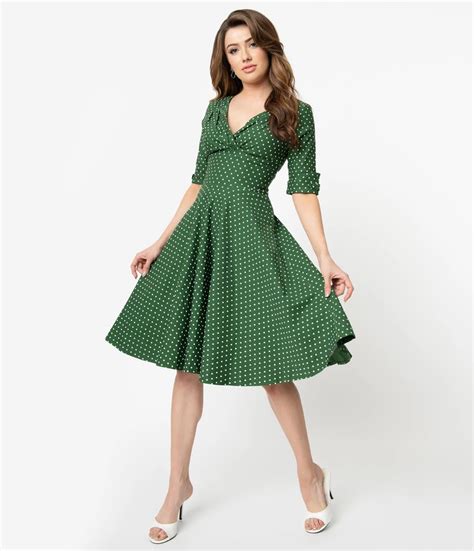 Unique Vintage 1950s Green And White Pin Dot Delores Swing Dress With