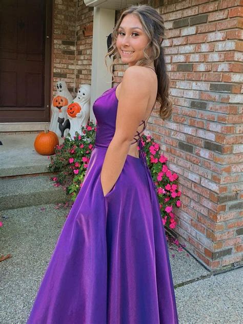 Simple V Neck Backless Purple Satin Long Prom Dresses V Neck Purple F