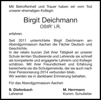 Traueranzeigen Von Birgit Deichmann Aachen Gedenkt