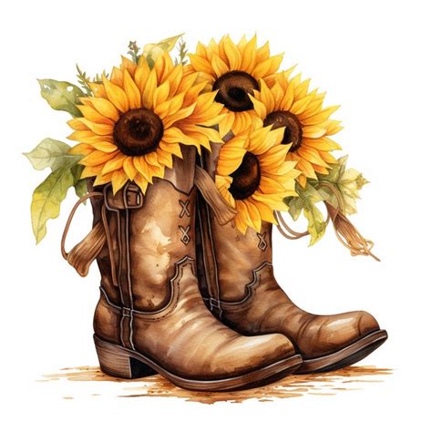 Watercolor Cowgirl Boots Sunflower Png Commercial Use Clip Art