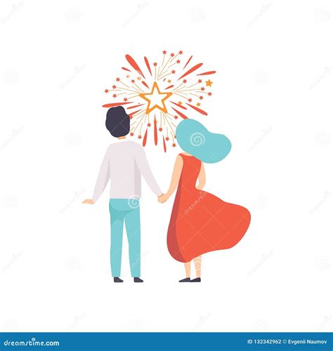 Happy Couple Watching Explosion Of Colourful Salutes In The Sky People Celebrating Holiday With