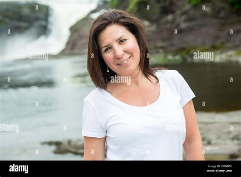 Pretty Brunette Adult Woman Portrait Smiling Outside Stock Photo Alamy