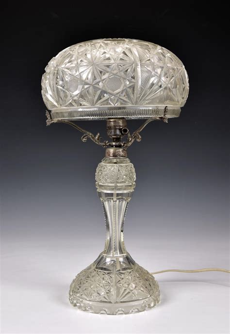 Lot An Early 20th Century Cut Glass Table Lamp With Mushroom Shaped Shade On Domed And Waisted