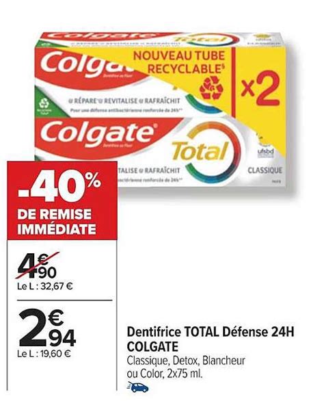 Promo Dentifrice Total Défense 24h Colgate chez Carrefour iCatalogue fr