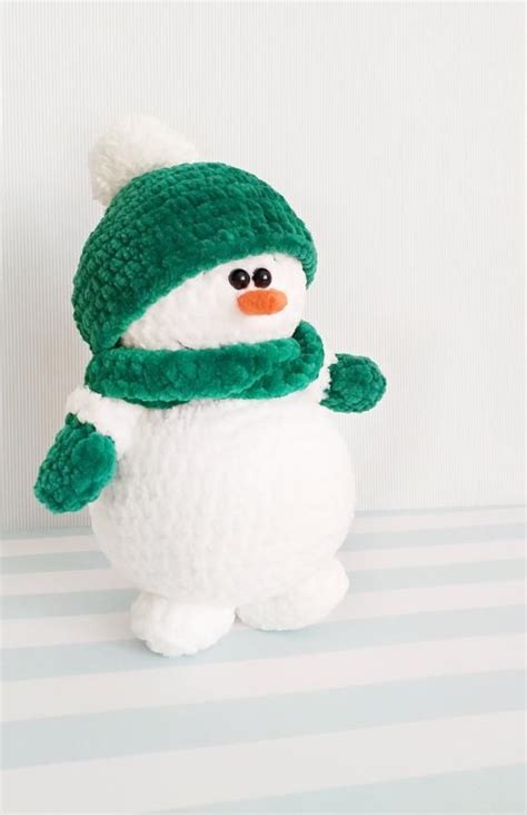 Snowman In Green Hat White Plush Toy Amigurumi Knitted Handmade Crochet