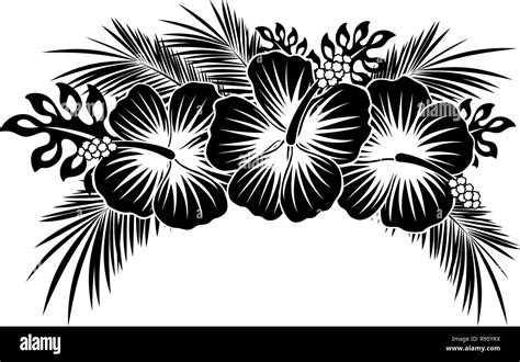 Hibiscus Flowers With Tropical Leaves In Black And White Stock Vector