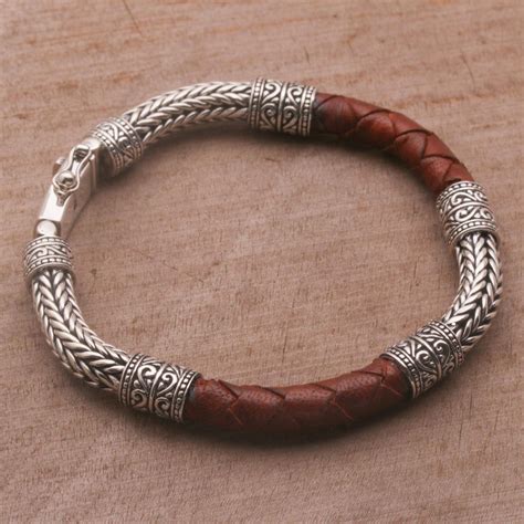 UNICEF Market | Men's Sterling Silver and Leather Bracelet in Brown - Royal Weave in Brown