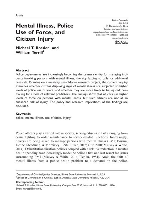 Pdf Mental Illness Police Use Of Force And Citizen Injury