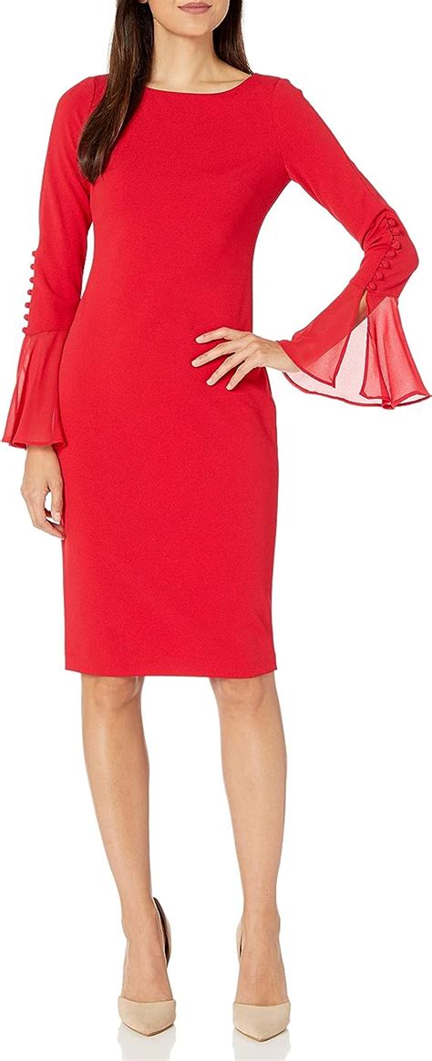 Calvin Klein Womens Solid Sheath With Chiffon Bell Sleeves Dress Red