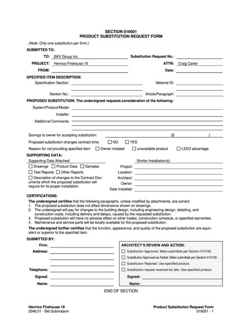 Fillable Online SECTION 016001 PRODUCT SUBSTITUTION REQUEST FORM