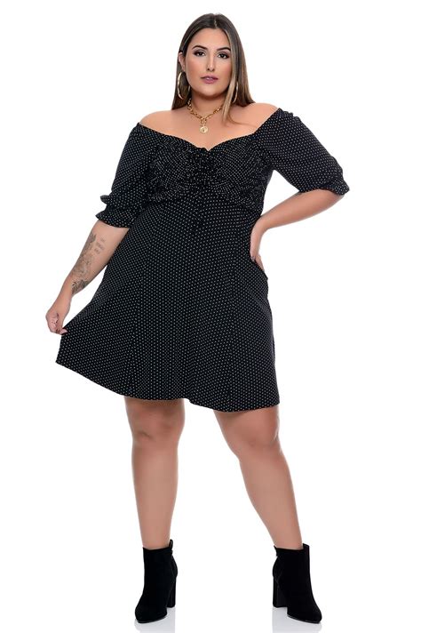 Vestido Plus Size Poá Preto Vk Moda Plus Size