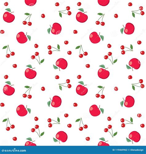 Red Apples And Cherries On White Background Seamless Vector Pattern