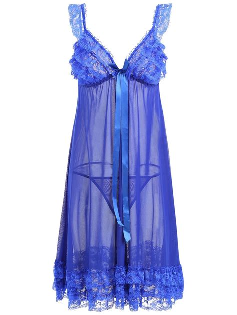 Lace Ruffles Mesh Sheer Babydoll Blue One Size Thong Lace Ruffle