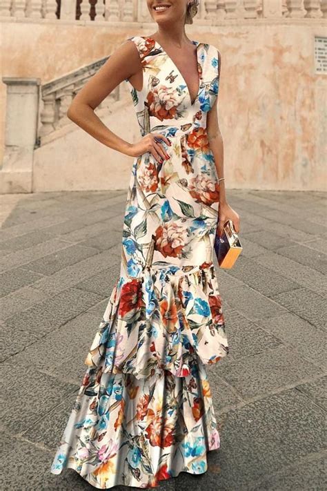 Fashion V Collar Floral Printed Maxi Dress Whiteseek Vestidos