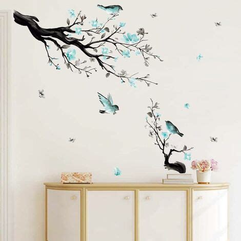 Stickers Muraux Branche De Fleur Autocollant Mural Fleurs Bleues Arbre