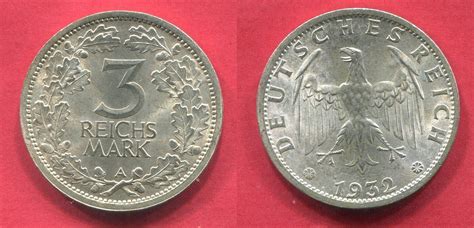 Weimarer Republik Deutsches Reich 3 Mark 1932 A Kursmünze Circulation