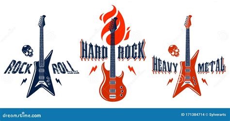 Hard Rock Emblems With Electric Guitar Logos Set Concert Festival Or