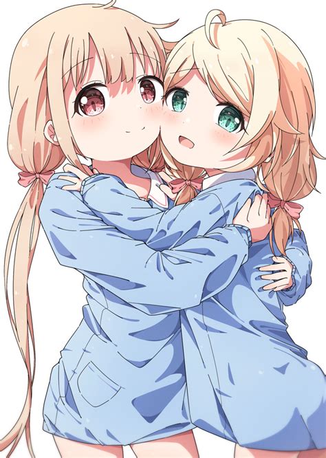 Safebooru 2girls Absurdres Blonde Hair Blue Dress Blush Bow Cheek To Cheek Dress Futaba Anzu