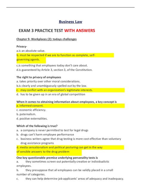 BUSINESS LAW EXAM 3 PRACTICE TEST WITH ANSWERS LATEST 2023 Browsegrades