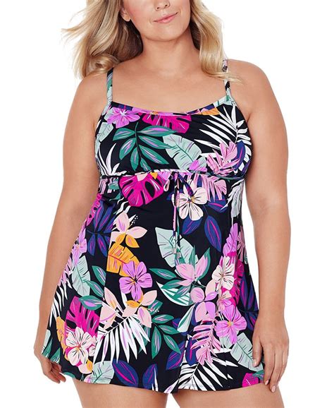 Swim Solutions Plus Size Floral Print Empire Swimdress Created For