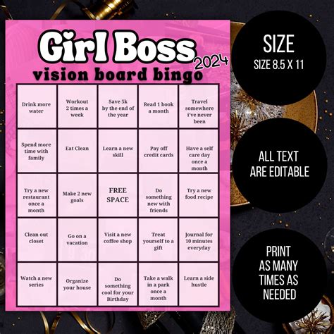 Vision Board Bingo Template Personal Goals Bingo Game Girl Boss