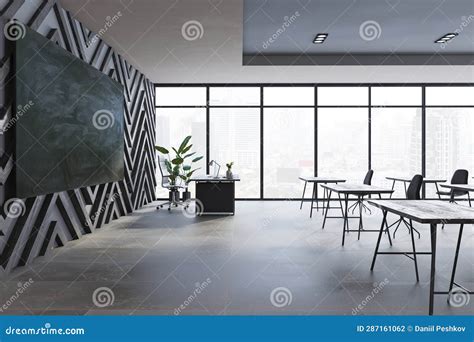 Side View Of Classroom Interior With Furniture Window With City View And Empty Mock Up