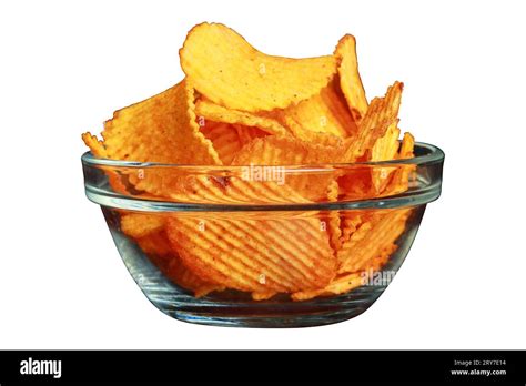 Potato Chips In A Glass Bowl Isolated On A White Background Potato