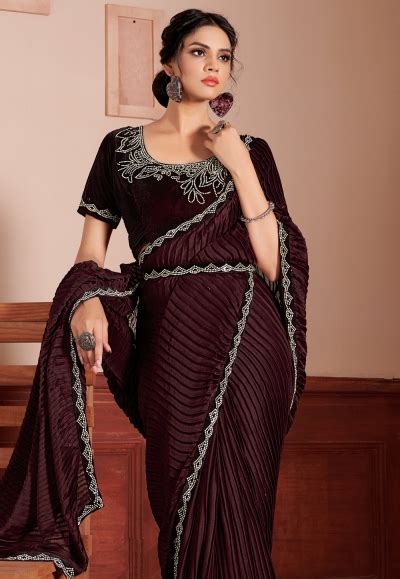 Satin Silk Designer Saree In Wine Colour 427b