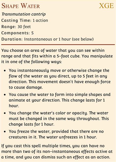 D&D Shape Water Spell Cantrip | Water spells, Spelling, Water