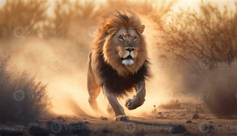 A Lion Running Through The Wildlife At Sunset Generative Ai