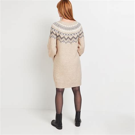 Robe Pull Jacquard Femme Beige Graindemalice