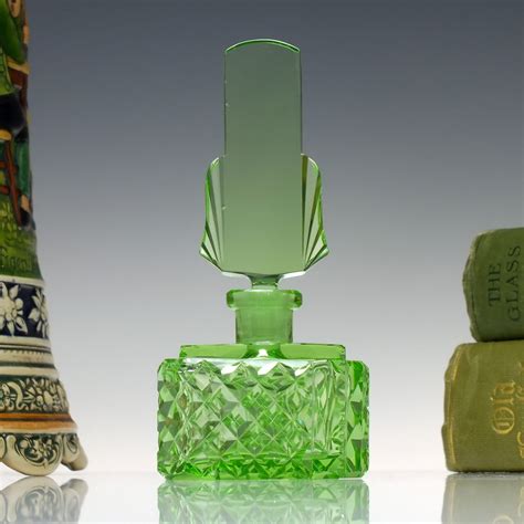 Antique Art Deco Vaseline Glass Perfume Bottle C1930 Home Decor Exhibit Antiques