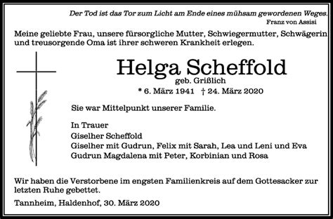 Traueranzeigen Von Helga Scheffold Schwaebische De Trauerportal