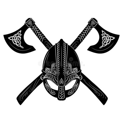 Viking Helmet Crossed Viking Axes And Scandinavian Pattern Stock