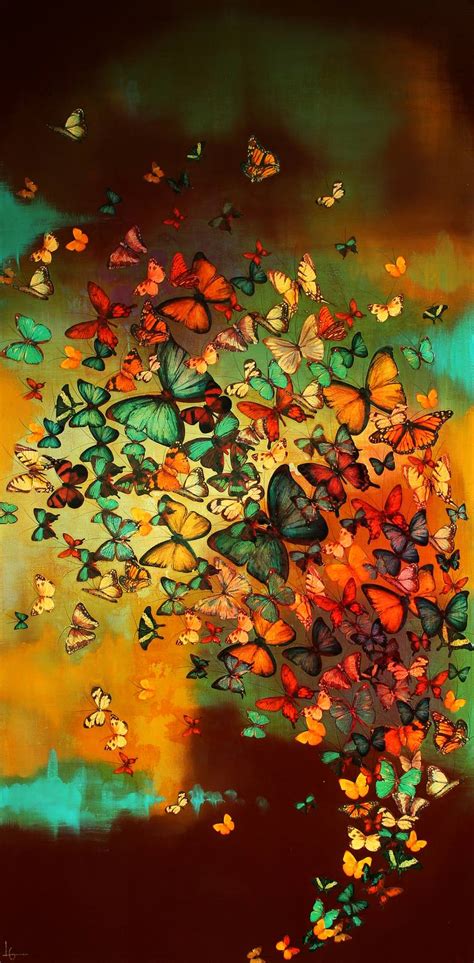 Butterflies On Burnt Umberturquoiseochre Painting By Lily Greenwood