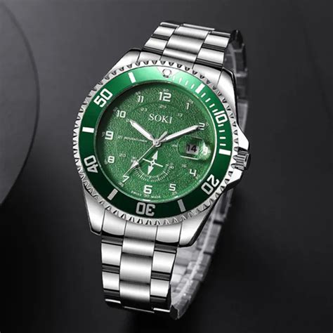 Soki Original Waterproof Sports Silver Stainless Steel Green Dial