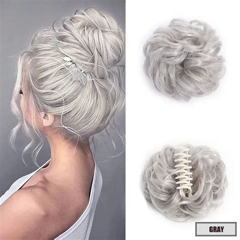 Haobuy Wavy Curly Messy Bun Hairpiece With Claw Clip Light Gray