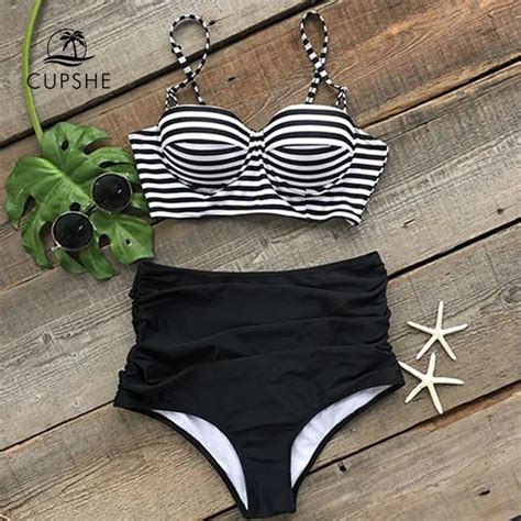 CUPSHE All About U Stripe High Waisted Bikini Set Women Push Up Two