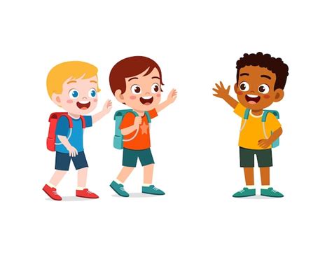 Premium Vector Little Kid Say Hello To Friend And Go To School Together