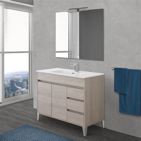 Mobile Bagno Da Terra Cm Linea Way Rovere Chiaro Con Specchio E Lavabo