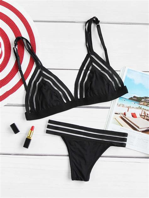 Mesh Insert Triangle Bikini Set Shein Sheinside