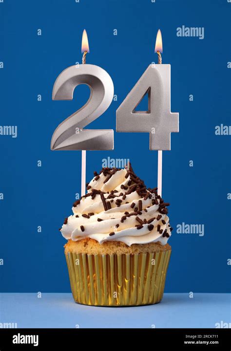 Horizontal Birthday Card With Cake Lit Candle Number 24 On Blue