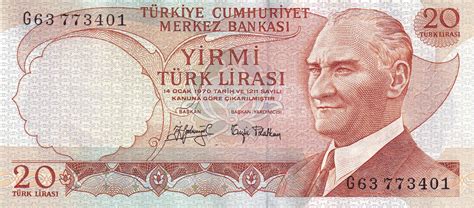 Billet Turquie 20 Turk Lirasi Pdt Ataturk ND 1974 Série G P 187