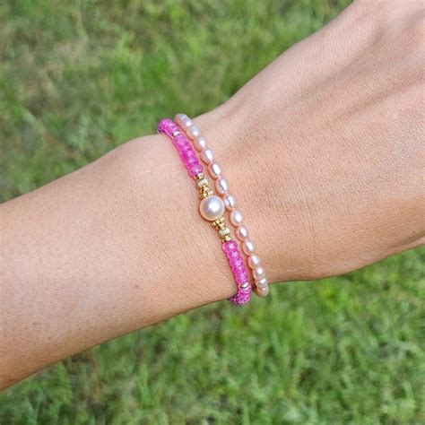 Pink Freshwater Rice Pearl Bracelet Gold Filled Clasp Etsy