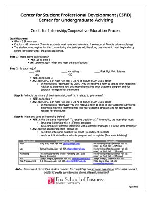 Fillable Online Community Mis Temple Credit For Internship Coop